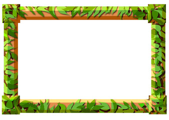 緑の葉のある木枠のフレーム・フレームの白木が見える夏の森の葉・夏のイメージ