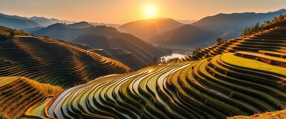 Sun-drenched Yunnan rice terraces reflect in tranquil water, creating a breathtaking vista,  hills,  mountains