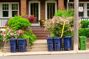 green economy: recycling bins waiting for collection on a residential street with front yard garden...