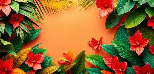 Vibrant origami paper palm & monstera leaves frame a summer jungle scene,  green leaves,  nature