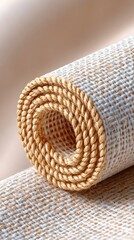 Rolled Beige Fabric with Fine Woven Texture on Pale Background