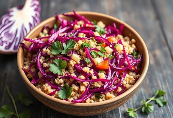 Vibrant red cabbage salad & bulgur wheat in a bowl , bowl, red cabbage recipe