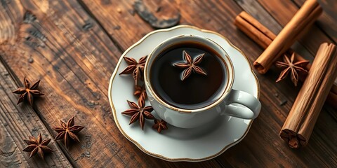 Warm coffee, cinnamon, star anise on rustic wood, fragrant, wood