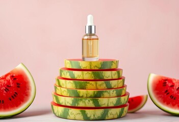 Watermelon beauty serum pump bottle atop a tower of stacked watermelon slices,   eco-friendly,   self-care