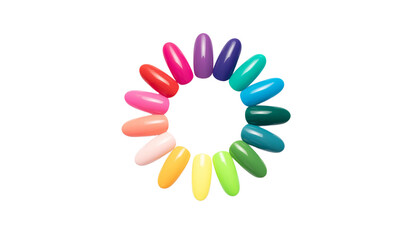Close-Up of Ten Colorful Fake Nails in a Circular Pattern isolated on solid white background