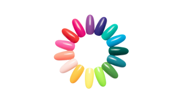 Close-Up of Ten Colorful Fake Nails in a Circular Pattern isolated on solid white background