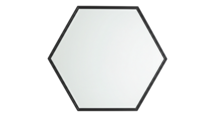 Hexagon mirror, Clean and geometric: The image showcases a modern, minimalist hexagon mirror, its sleek black frame highlighting the clean, reflective surface.