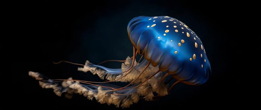Underwater Jewel: A mesmerizing jellyfish floats gracefully in the deep ocean, its iridescent bell glowing against the inky black abyss. The creature's delicate tentacles dance and swirl.