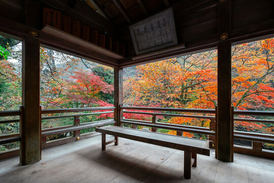 Kifune Shrine in Kyoto, Japan with beautiful autumn scenery. The shrine is dedicated to the god of water and rain and believed to be the protector of those at sea