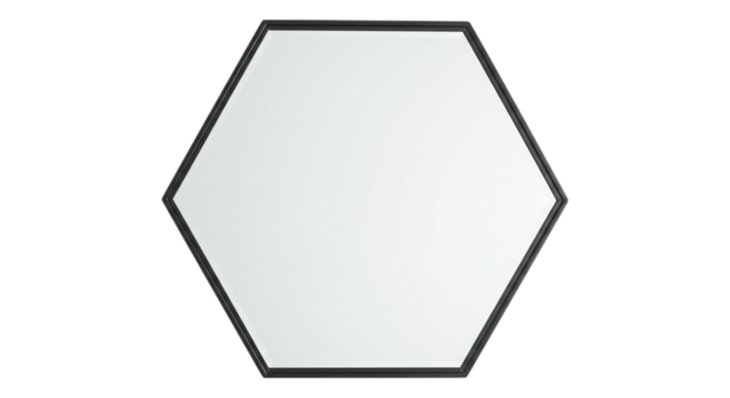 Hexagon mirror, Clean and geometric: The image showcases a modern, minimalist hexagon mirror, its sleek black frame highlighting the clean, reflective surface.