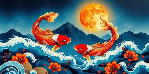 Abstract oriental koi fish, sun, moon, mountain landscape  Elegant brushstrokes, textured ocean Ideal for home d&eacute;cor,  luxury art,  ocean