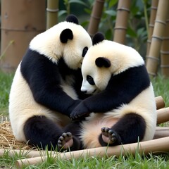 Obraz premium Adorable Giant Pandas Sharing a Heartwarming Hug in Bamboo Forest