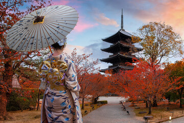Japanese Woman in Traditional Kimono Dress at Toji Temple in Kyoto, Japan with beautiful garden and...