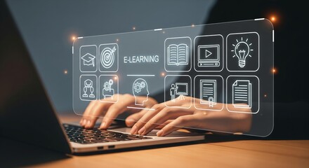 Futuristic E-learning Interface with Large Education on Laptop – Online Training Dashboard Concept