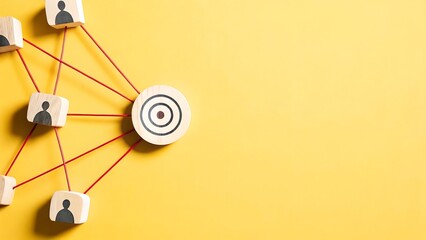 Connecting People to a Shared Goal: Network of Individuals Aiming at a Central Target on Yellow Background.
