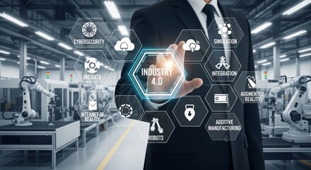 Futuristic Manufacturing with Industry 4.0 Hexagonal Tech Elements and Businessman Touchscreen