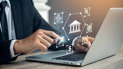 Businessman using laptop for online financial services, showcasing digital banking and modern financial management concepts.