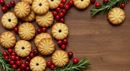Fototapeta premium Freshly Baked Cookies with Berries and Sprigs on Wooden Surface for Festive Holiday Treats