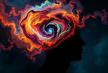 Abstract swirling nebula of thoughts escaping a dark head silhouette,  inspiration,  thinking