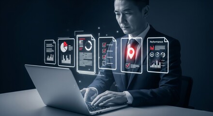 Holographic Digital Document Interface with Checklist and Analytics – Businessman Using Laptop in Dark Office