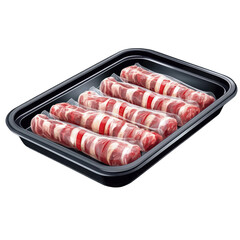 Vacuum-sealed, marinated meat portions in a black plastic tray