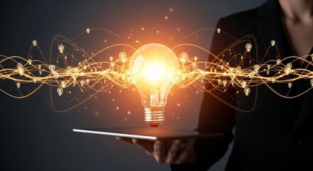 Innovation and Technology Concept – Glowing Light Bulb Above Tablet with Digital Light Trails