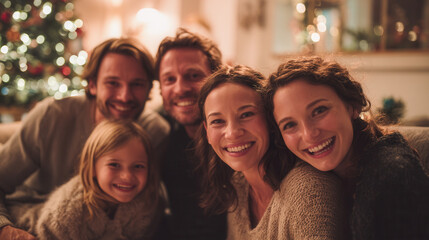 A joyful family gathers together for Christmas. They smile warmly, surrounded by festive decorations and a Christmas tree in the background.