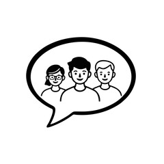 Group Chat Logo With Three User Avatars Inside a Large Chat Bubble, Black Bold Outline