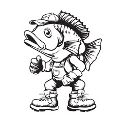 Black and white vector cartoon illustration of a lion and fish, a comic animal art drawing design