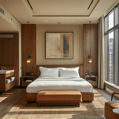 Interior of modern hotel-inspired bedroom with refined wooden floor, ambient daylight, and curated furniture layout 