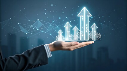 Hand Holding Growth Arrows Representing Progress, Achievement, and Strategic Advancement on a Digital Network.