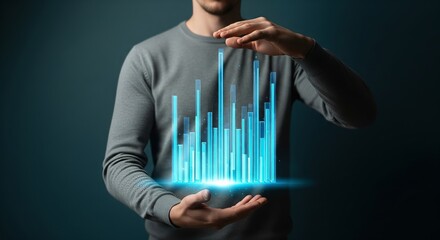 Man Holding 3D Holographic Bar Chart — Business Data Analytics Visualization on Futuristic Interface