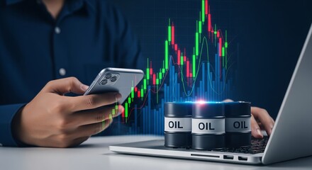 Oil Trading Concept with Barrel and Candlestick Chart on Laptop – Investment and Energy Market Visualization