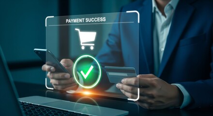 Online Payment Success Concept with Smartphone, Credit Card and Digital Shopping Cart Interface – Secure E-Commerce