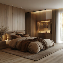 Interior design shot of a serene bedroom, earth-tone bedding, matte wood surfaces, open layout with glass divider 