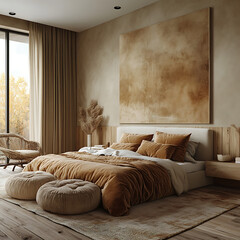 Interior design of a minimalist bedroom, featuring wooden floors, earth-toned decor, and velvet bed centerpiece 