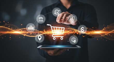 Online Shopping Technology Concept with Glowing Cart and High-Resolution Digital Symbols