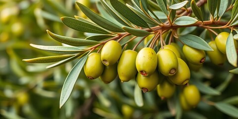 Fresh green olives on a branch, ready for harvest, mediterranean, isolated