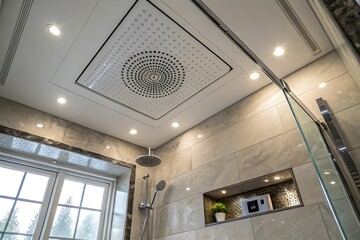 Obraz premium Modern Bathroom Shower with Recessed Ceiling Ventilation and Elegant Tile Design