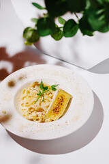 A sophisticated plate of creamy fettuccine pasta elegantly garnished with microgreens and a slice of bruleed cheese, presented on a white ceramic dish with parmesan dusting
