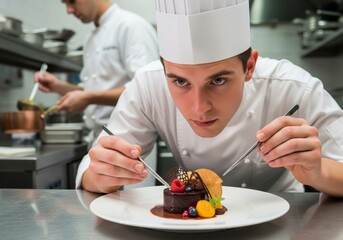 Professional Chef Perfecting Chocolate Dessert Presentation with Chopsticks in Restaurant Kitchen