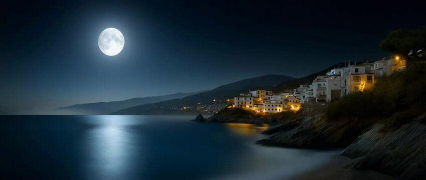 Moonlit Coastal Village: A panoramic view of a charming coastal village at night, illuminated by the soft glow of the full moon, casting a shimmering path across the tranquil water.