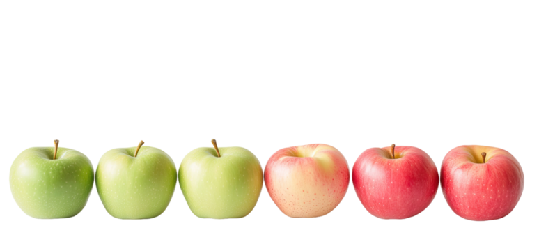 Row of five apples, varying in shades of green and red