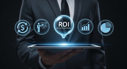 Return on Investment ROI Concept with Digital Holographic on Tablet