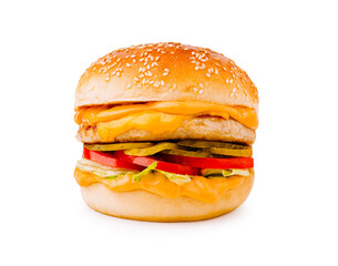 Mouthwatering cheeseburger with fresh toppings on a white background