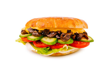 Delicious sandwich with fresh vegetables and melted cheese in a bright setting