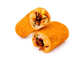 Delicious fried snacks filled with seafood and vegetables on a white background