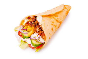 Delicious wrap filled with grilled chicken and fresh vegetables in daylight
