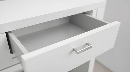 Open empty drawer in white modern dresser showing minimalist design