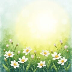 Sunlit field of white daisies blooming under warm golden light. Copy space. Nature-themed designs, wellness content, co branding, or seasonal greeting cards.